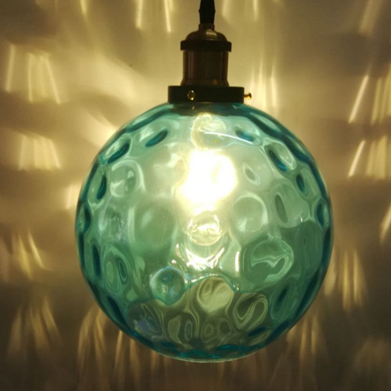 Blue Rippled Glass Ball Hanging Light Modern 1 Light 8"/10"/12" W Brass Ceiling Suspension Lamp