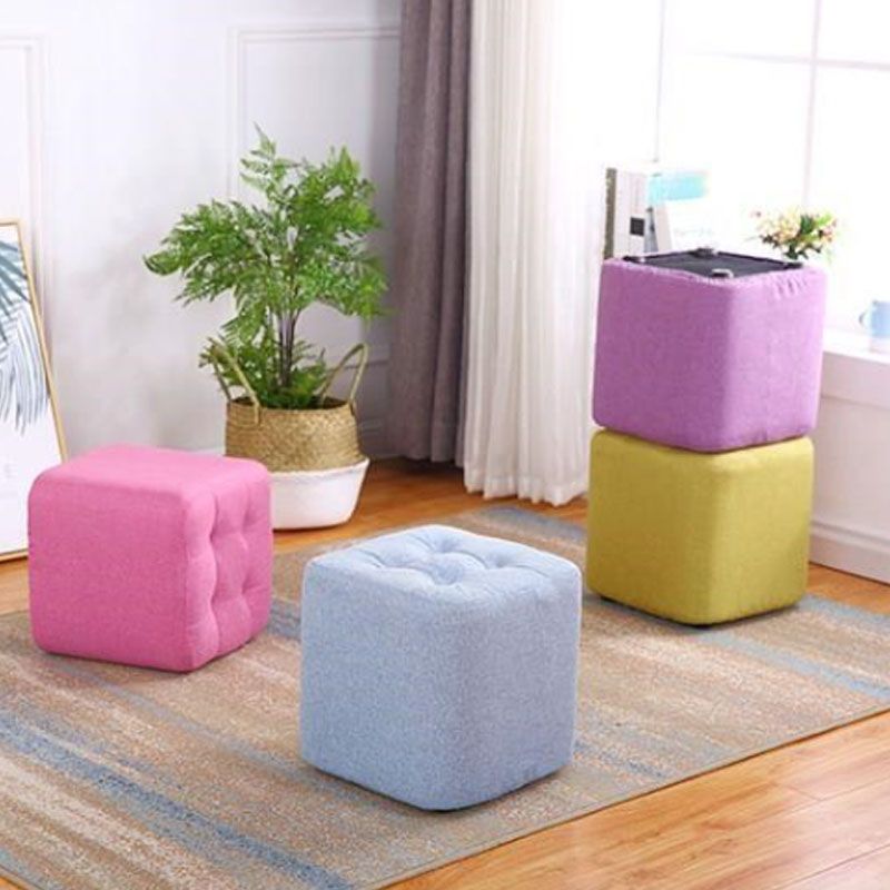 Tufted Square Shape Ottoman Modern Linen Blend Upholstered Pouf