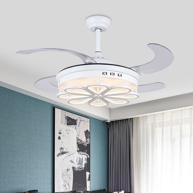 42" Width Modern Ring Ceiling Fan Lamp LED Acrylic Semi Flush Light Fixture in White with 4 Clear Blades for Living Room