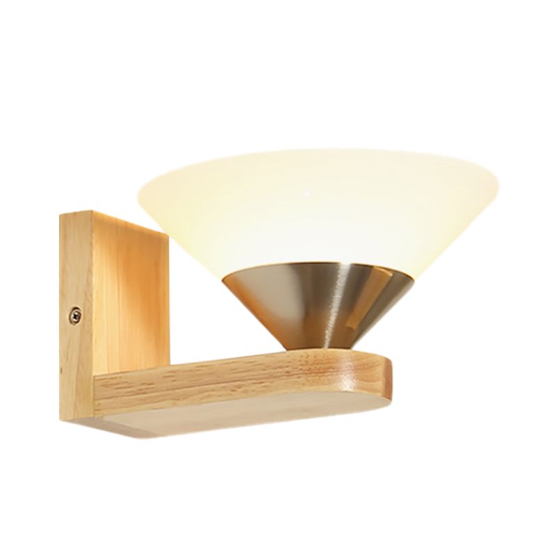 1 Bulb Bedside Wall Sconce Modern Wood and Nickel Wall Light Fixture with Cone White Glass Shade