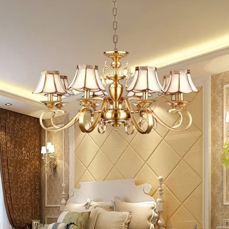 Polished Brass Scalloped Chandelier Lamp Colonial Frosted Glass 8 Lights Living Room Hanging Ceiling Light