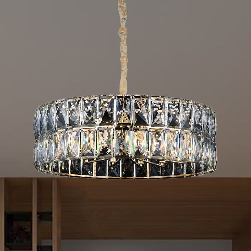 Faceted Crystal Drum Chandelier Light Postmodern 8 Lights Gold Hanging Ceiling Light