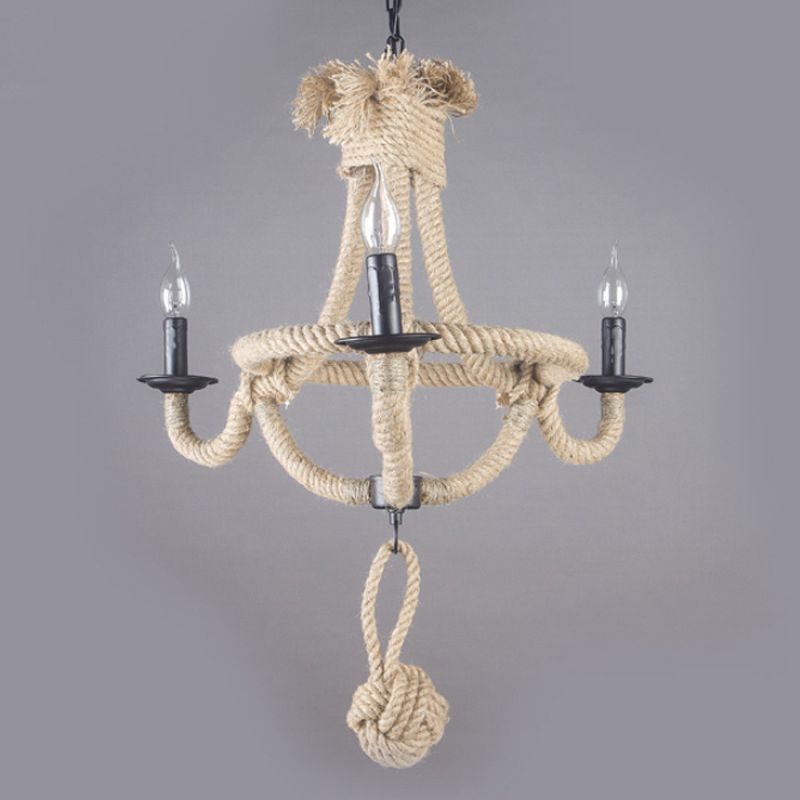 Candle Rope Light Chandelier Rustic Style 3/6 Lights Dining Room Pendant Lighting in Beige