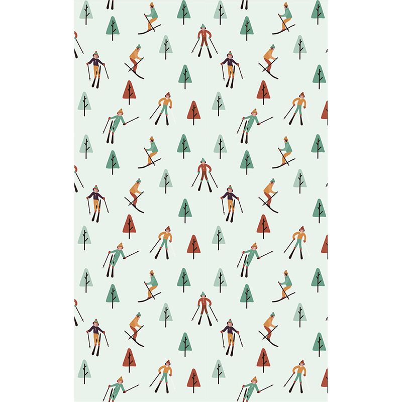 Skiers and Snow Forest Murals in Green-Red, Childrens Art Wall Covering for Kids Bedroom