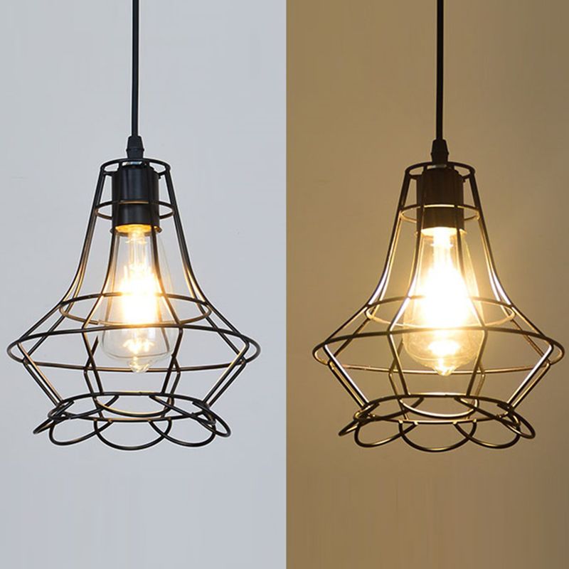 1-Light Wire Cage Pendant Lamp Industrial Black Iron Hanging Lighting for Restaurant