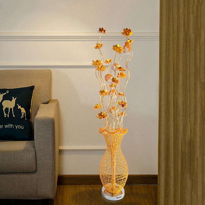 Gold LED Floor Light Decorative Aluminum Hollowed Vase Standing Lamp with Little Bloom Decor for Bedroom