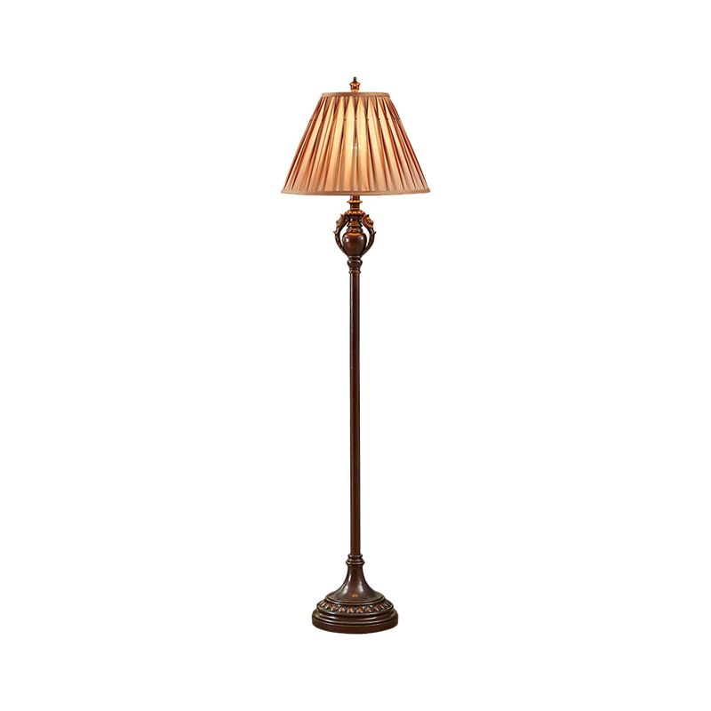 Brown Pleated Tapered Shade Floor Light Retro Fabric 1-Bulb Living Room Floor Reading Lamp