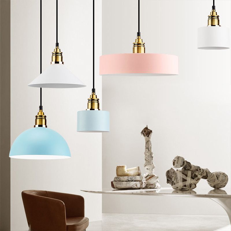 Dome/Cylinder/Cone Iron Hanging Light Macaron Single White/Pink/Blue and Brass Ceiling Pendant Light for Bedside