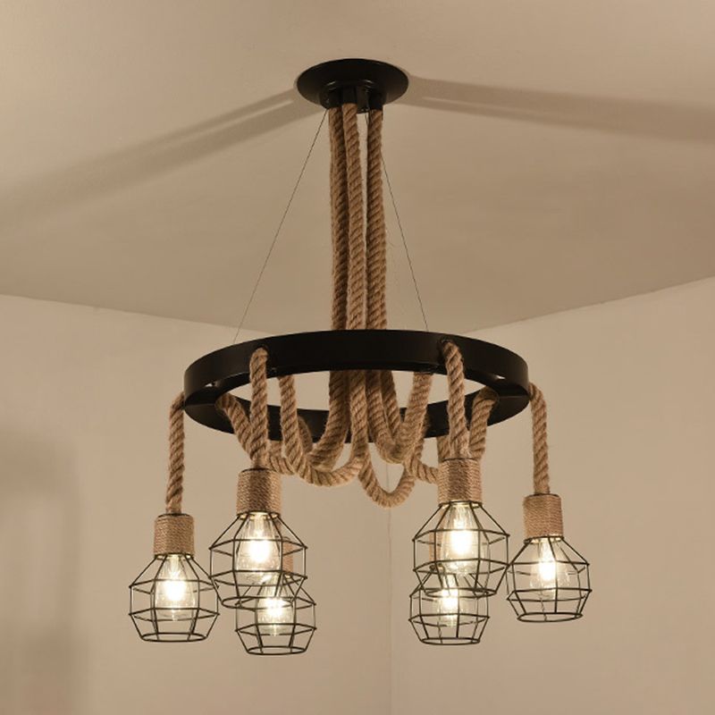 Beige Ceiling Hung Fixture Rustic Style Rope Caged Hanging Chandelier Light for Restaurant