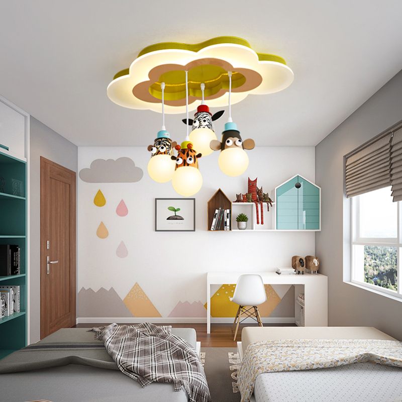 Metallic Animal Head Multi Ceiling Lamp Kids White Suspension Light with Cloud Shaped Canopy