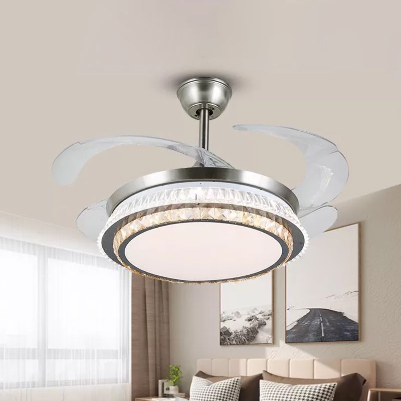 Silver Layered 4 Blades Semi-Flush Mount Modernism LED Crystal Pendant Fan Light Fixture, 19" Wide