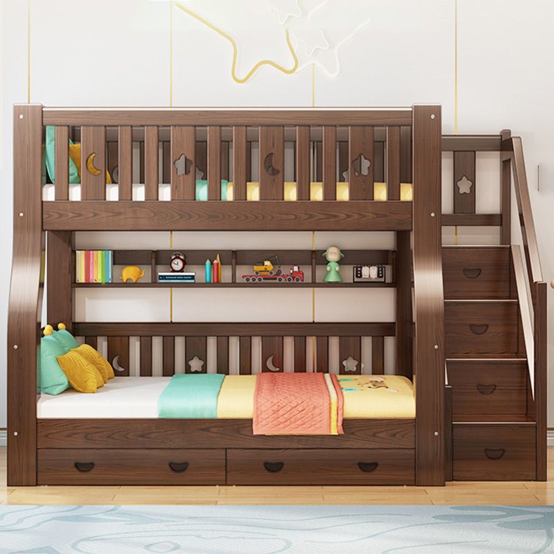 Traditional Brown Bunk Bed with Drawers and Shelves in Solid Wood