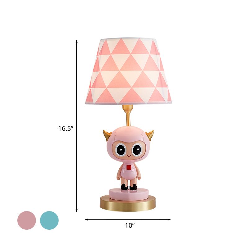 Cartoon Cow Boy Resin Night Lamp 1-Light Table Lighting with Triangle Print Shade in Pink/Blue