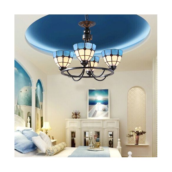 Blue Glass Bowl Ceiling Hanging Light 4 Lights Mediterranean Chandelier Lamp for Bedroom