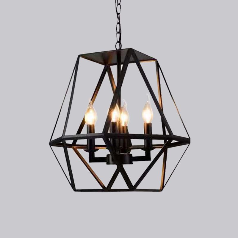 4 Bulbs Chandelier Pendant Rustic Trapezoid Cage Iron Hanging Light Fixture in Black