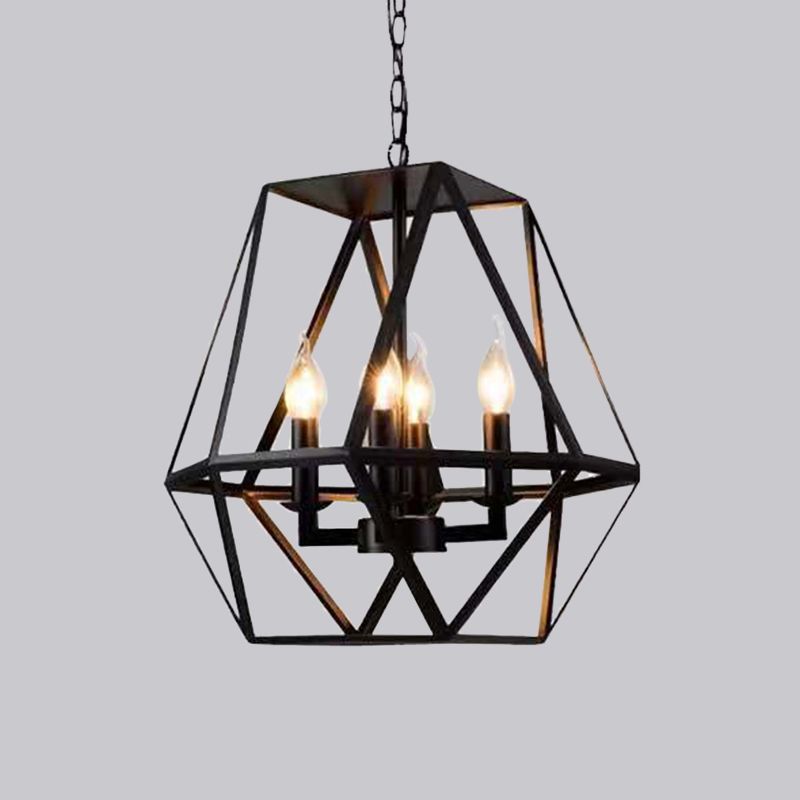 4 bulbes pendentif pendant rustique trapézoïde cage en fer pendant luminaire en noir