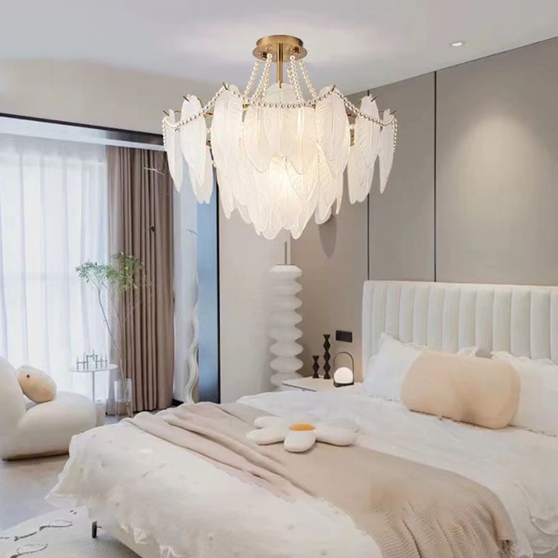 Modern Metal Flush Mount Feather Shape Ceiling Light with Glass Shade for Living Room