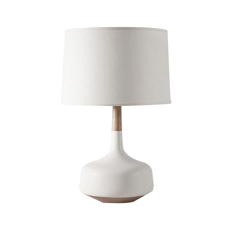 White Finish Drum Table Lighting Minimalist 1 Bulb Fabric Shade Desk Lamp for Bedroom