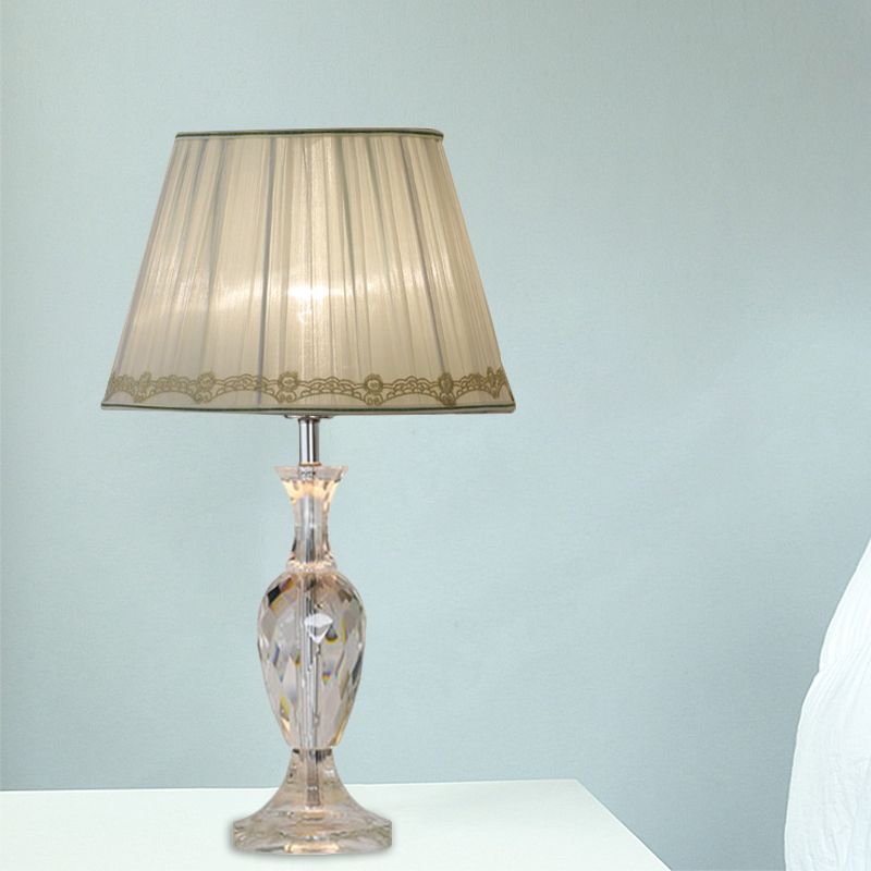 Green/Beige 1 Bulb Crystal Night Stand Lamp Traditional Fabric Shade Barrel Table Light for Sleeping Room