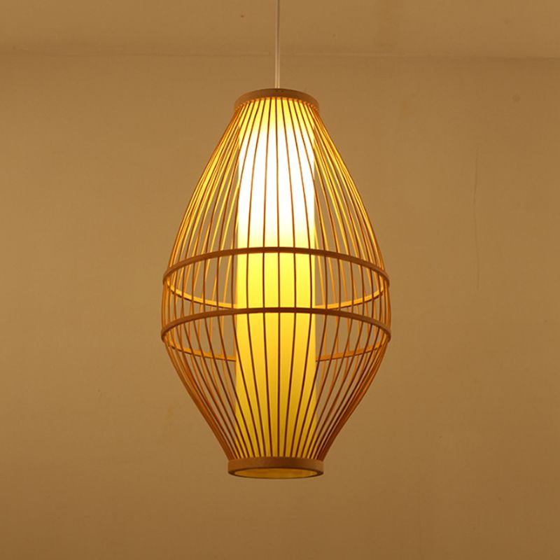 Beige Hand-Woven Hanging Light with Oval Shade Asian Style 1-Light Bamboo Pendant Lamp