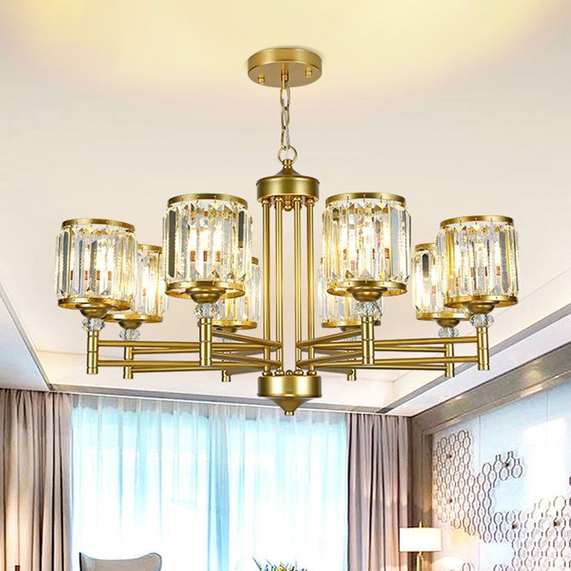 Metal Frame Parlour Pendant Light Modern Crystal Drum Shade 8 Heads Black/Gold Chandelier Lamp