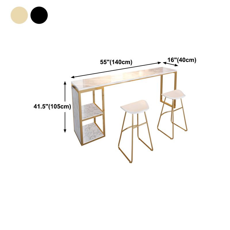 Glam Rectangle Faux Marble Bar Table Double Pedestal Bar Table with 2-Shelf, Only Table