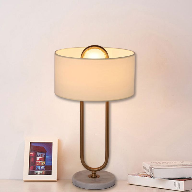 White Drum Night Table Light Minimalist 1 Bulb Fabric Nightstand Lamp with Brass Oval Stand