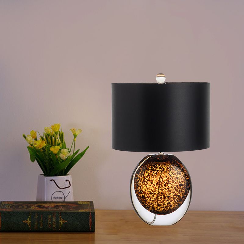 Oval Bedroom Table Lighting Colored Glaze 1-Head Modern Desk in Black with Fabric Shade