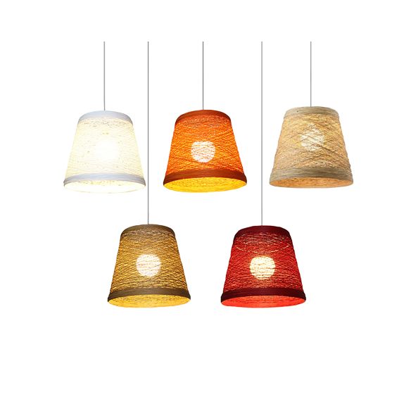 Rattan Trapezoid Hanging Pendant Lamp Rustic One Head Suspension Lighting in Red/Orange/White/Brown/Begie