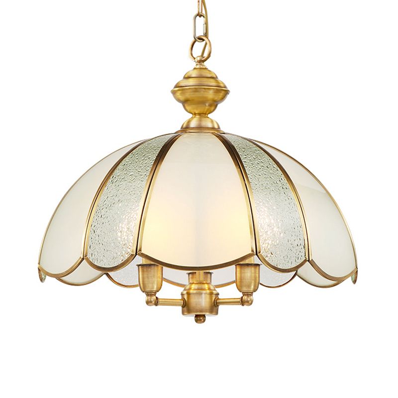 3 Bulbs Bowl Ceiling Chandelier Colonial Frosted Glass Suspended Lighting Fixture in Brass