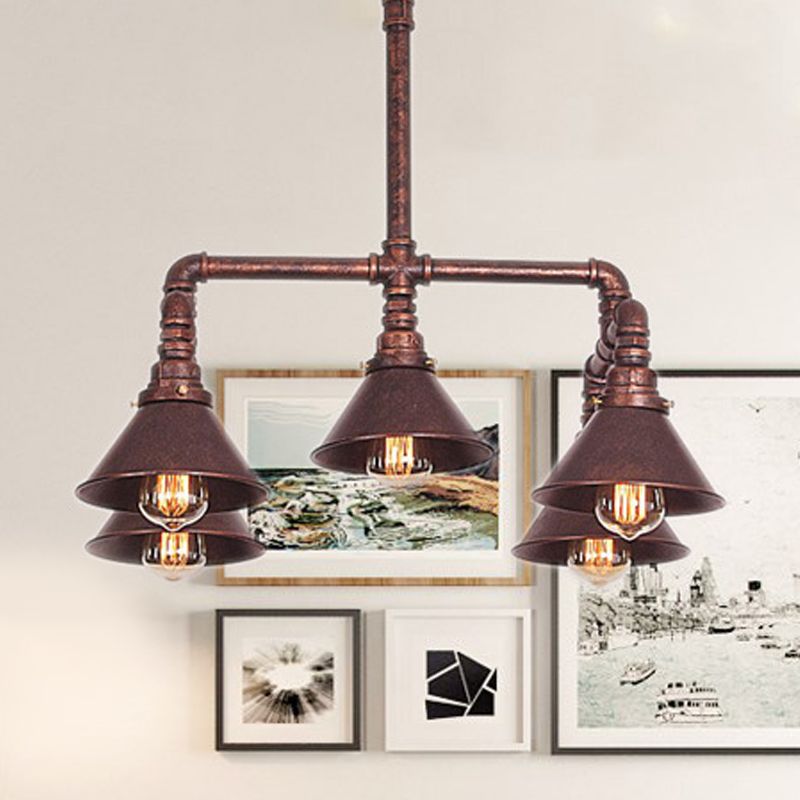 5-Light Chandelier Industrial Living Room Hanging Light with Conic Metal Shade in Black/Copper