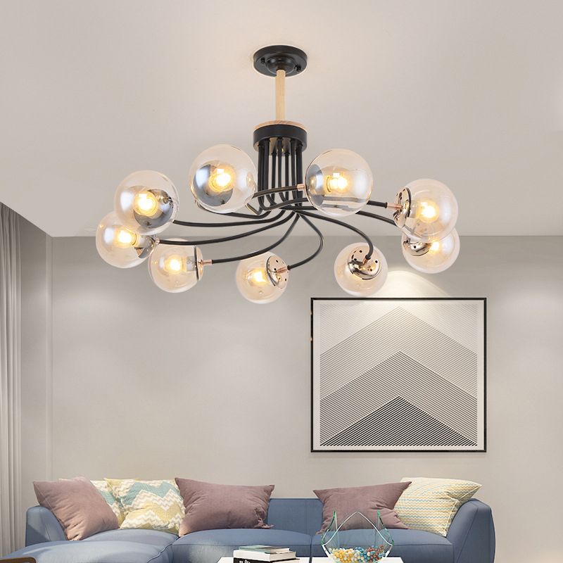 Round Ceiling Chandelier Modern Style Blue/Amber Glass 9 Lights in Gold/Black Hanging Lamp Kit