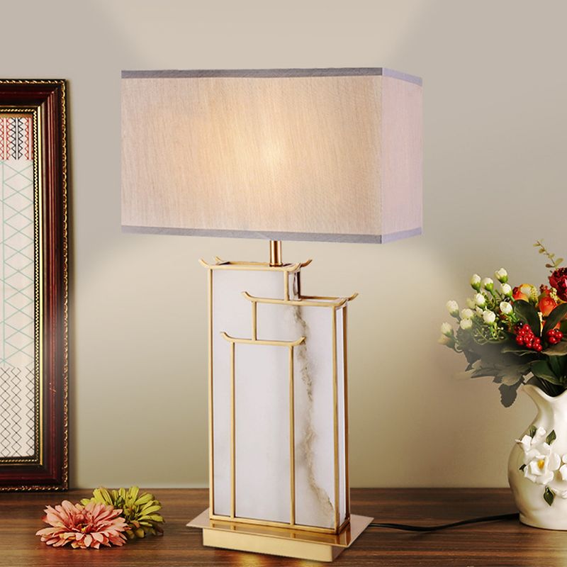 Modern Rectangle Table Light Fabric 1 Bulb Task Lighting in White with Marble Base