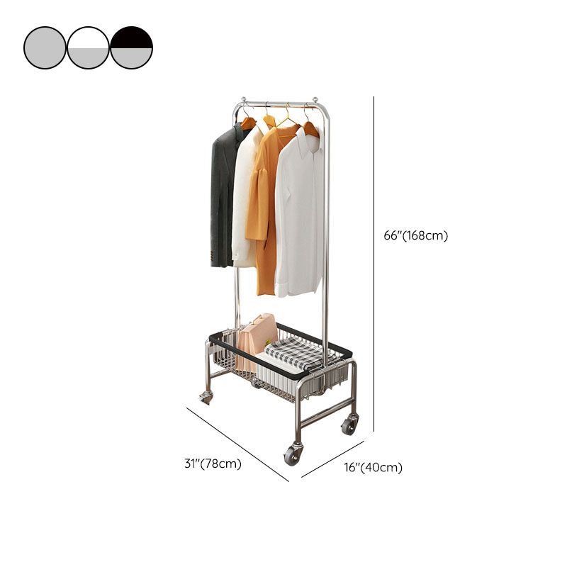 Industrial Metal Coat Rack Hanging Rail and Storage Basket Entryway Kit with Castors