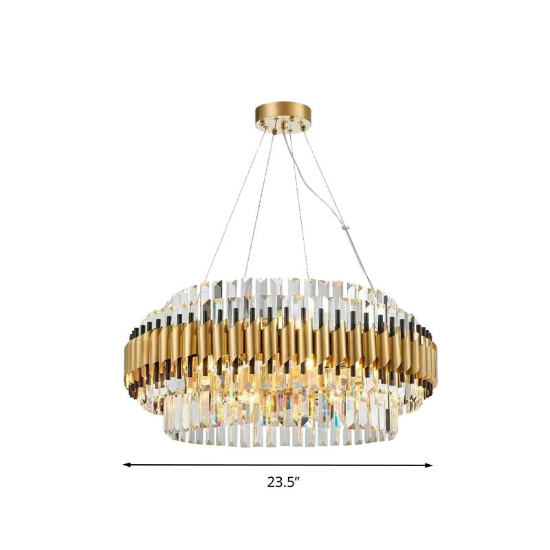 Postmodern 12 Heads Ceiling Pendant Light Gold Drum Chandelier Lamp with Three Sided Crystal Rod Shade