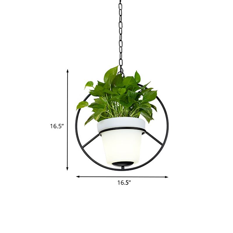 Metal Black Hanging Pendant Light Round/Flower Frame 1 Bulb Farmhouse Ceiling Lamp with Bucket Planter