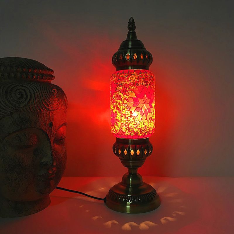 1 Bulb Cylinder Task Lighting Tradition Red/Blue Glass Night Table Lamp with Brass Metal Base