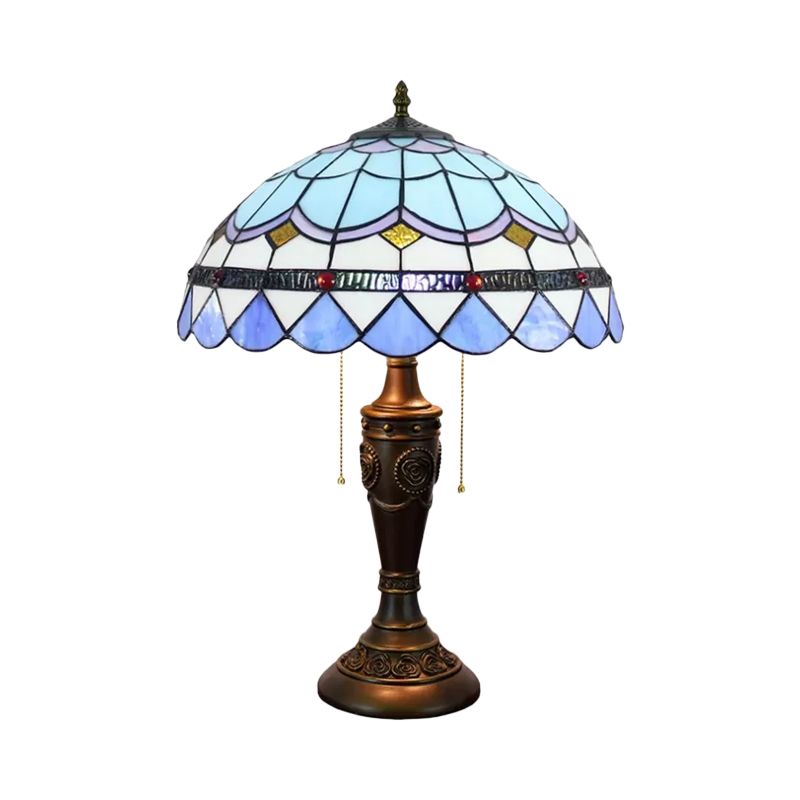 2 Heads Night Stand Lamp Mediterranean Teardrop-Edge Blue and White/Scroll Beige Glass Table Light with Pull Chain