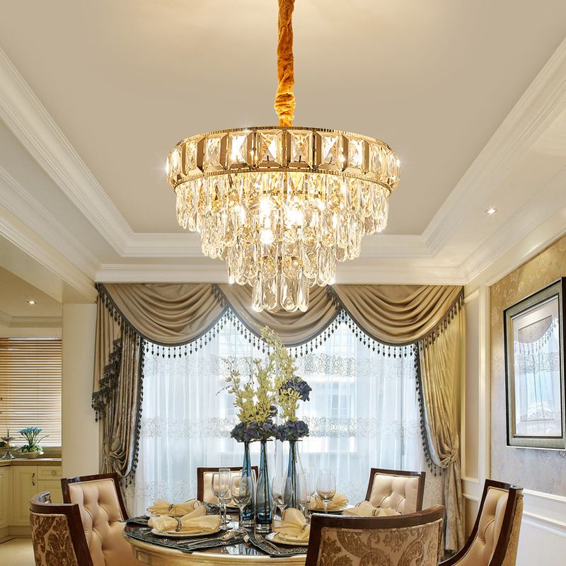 Golden Tiered Chandelier Lamp Simple 6/9-Light Crystal Hanging Light for Dining Room