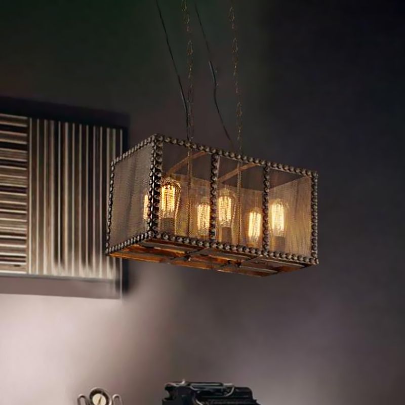 Rectangle Cage Metal Chandelier Lighting with Mesh Screen and Rivets Antique Style 6-Light Indoor Ceiling Light Fixture in Rust