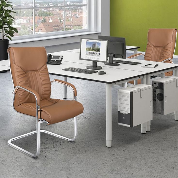 Faux Leather Desk Chair Modern Adjustable Office Chair with Fixed Arms