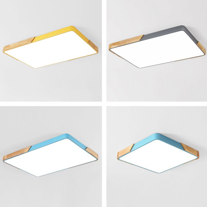 Nordic Rectangle Ceiling Light Colorful Metal LED Flush Mount Light with Wood for Bedroom