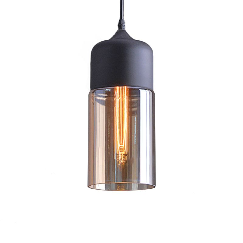 Cylinder Pendant Lighting Industrial 1 Light Brown Glass Hanging Ceiling Light in Black, 5"/7"/8" Wide