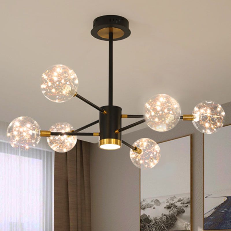 Starburst Hanging Ceiling Light Modern Metal Living Room LED Chandelier with Orb Glass Shade