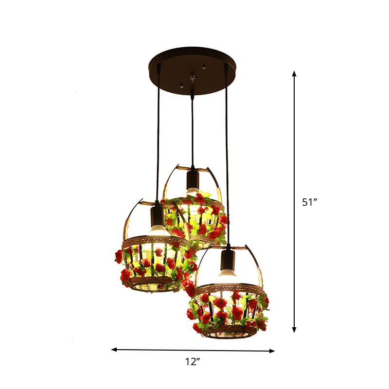 Flower Basket Restaurant Cluster Pendant Metal 3 Heads Black Suspension Lighting with Round/Linear Canopy