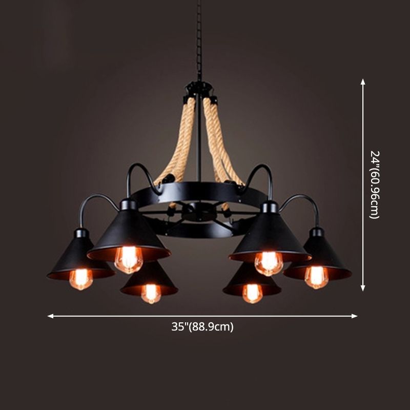 Industrial Art  Hanging Chandelier Light with Rope and Cone Metal Shade in Black