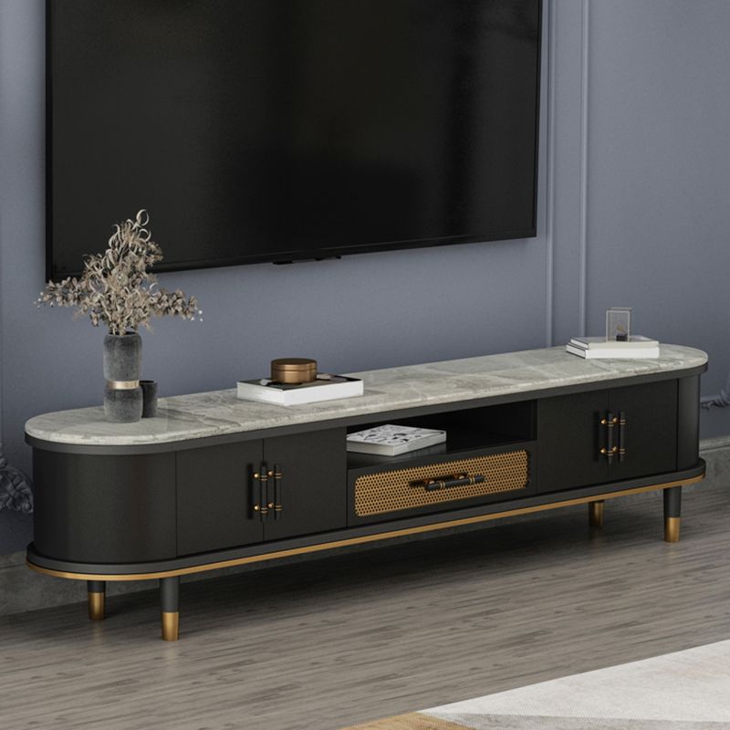 Glam Stone TV Stand Console Black Open Storage Media Console with Doors