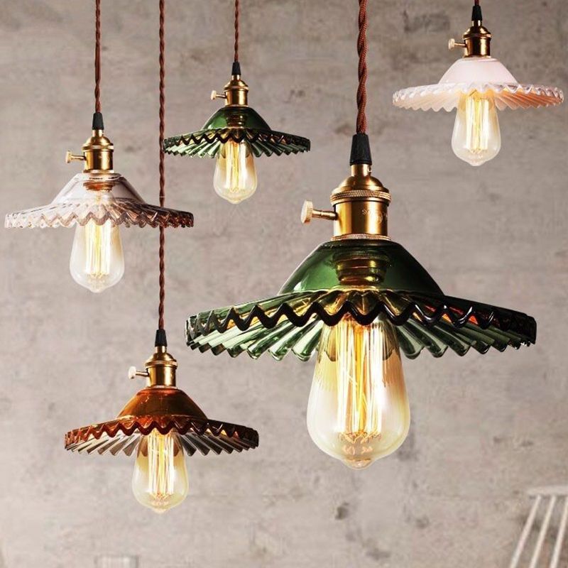 1-Light Scalloped Pendant Lamp Retro Industrial Style Lotus Glass Restaurant Hanging Lamp