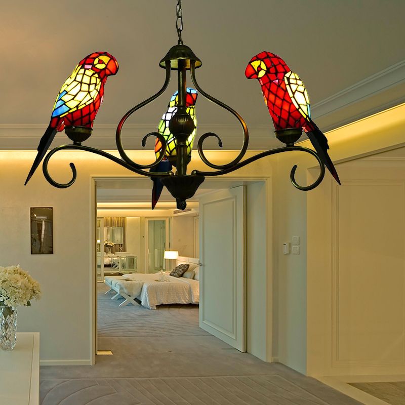 Stained Glass Chandeliers for Dining Rooms, Ceiling Light Fixture in Antique Brass with Parrot Design Tiffany Style