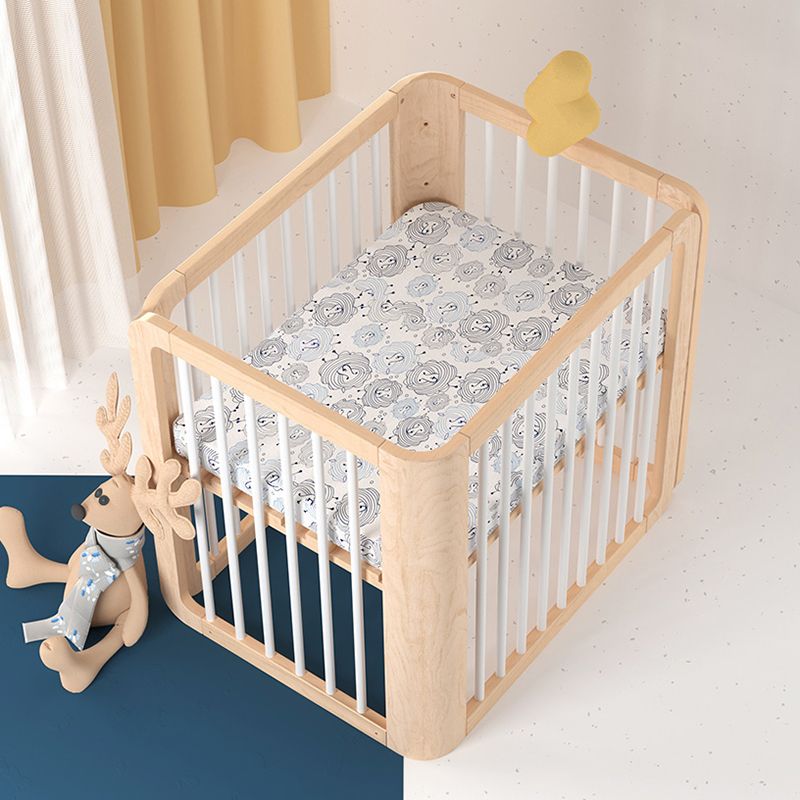 Scandinavian with Casters/Wheels Crib Light Wood with Guardrail Nursery Crib